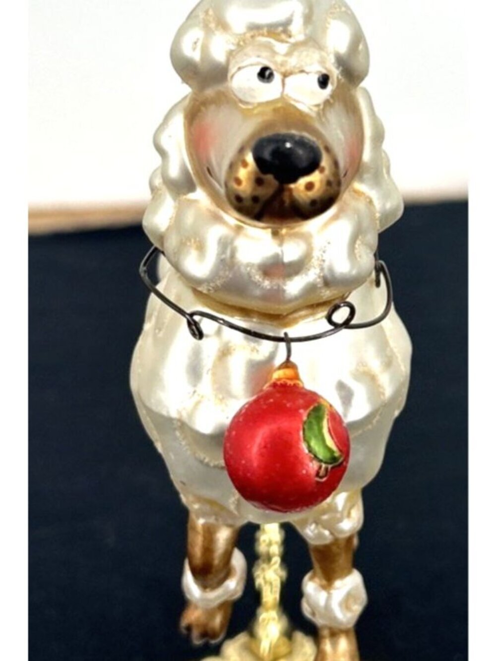 Poodle Christmas Ornament Hand Blown White with Red Side Eyes 5"